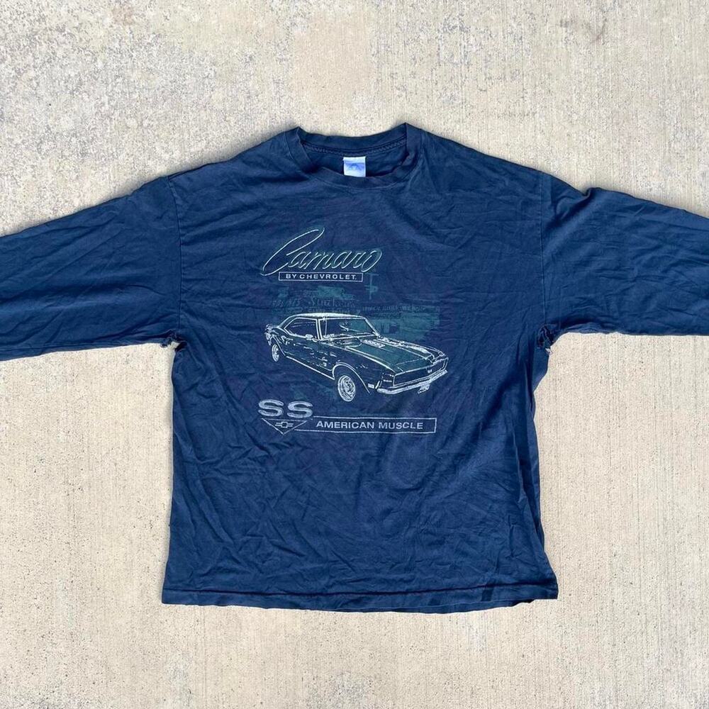 American Muscle Camaro Distressed Navy Long Sleeve Shirt Chevy Car